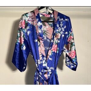 Anntourage Polyester Deep Blue Kimono Style Robe S/M‎ Floral Peacocks